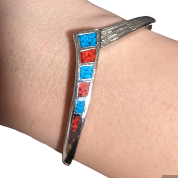 Sterling Silver Zuni Cuff Bracelet with Channel Set Crushed Turquoise and Coral - Picture 7 of 7